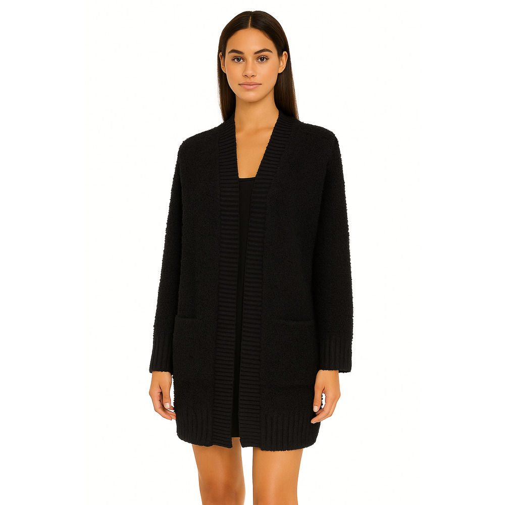 Barefoot Dreams CozyChic Ribbed Knit Trim Cardigan in Black NEW Size X-Small